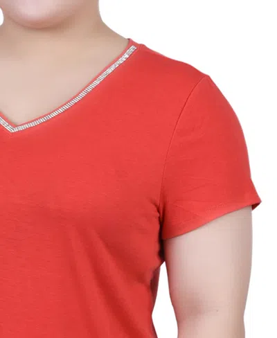 Ny Collection Plus Size Short Sleeve Top With Stone Details In Red