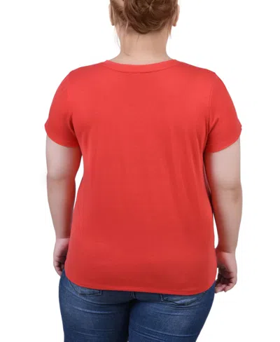 Ny Collection Plus Size Short Sleeve Top With Stone Details In Red