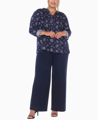 White Mark Plus Size Floral Print Tunic And Palazzo Pants Matching Set In Blue