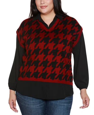 Belldini Plus Size Houndstooth Two-fer Sweater In Brown