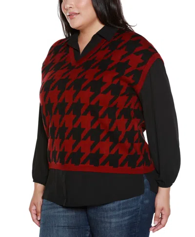 Belldini Plus Size Houndstooth Two-fer Sweater In Brown