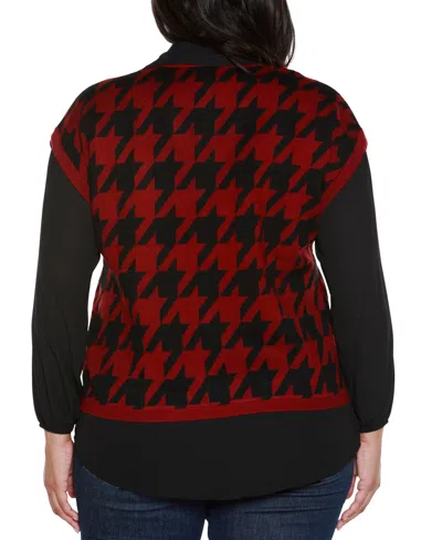 Belldini Plus Size Houndstooth Two-fer Sweater In Brown