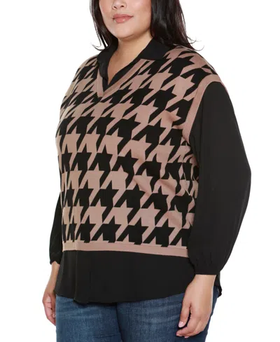 Belldini Plus Size Houndstooth Two-fer Sweater In Multi
