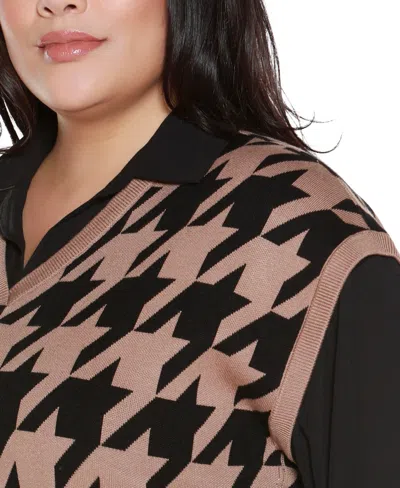 Belldini Plus Size Houndstooth Two-fer Sweater In Multi