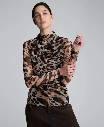 Kenneth Cole Long Sleeve Animal Printed Center Front Turtleneck Knit Ruched Top In Brown