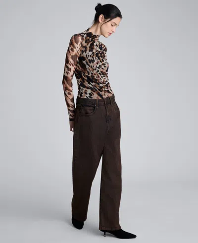 Kenneth Cole Long Sleeve Animal Printed Center Front Turtleneck Knit Ruched Top In Brown