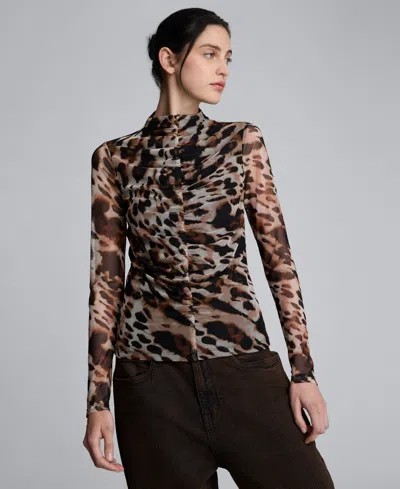 Kenneth Cole Long Sleeve Animal Printed Center Front Turtleneck Knit Ruched Top In Brown