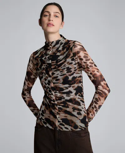 Kenneth Cole Long Sleeve Animal Printed Center Front Turtleneck Knit Ruched Top In Brown