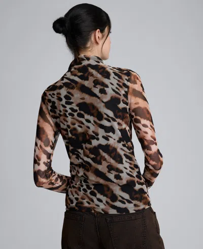 Kenneth Cole Long Sleeve Animal Printed Center Front Turtleneck Knit Ruched Top In Brown