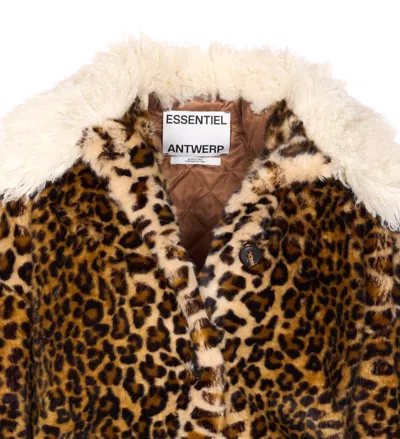 Essentiel Antwerp Leopard-print Contrast-collar Coat In Brown