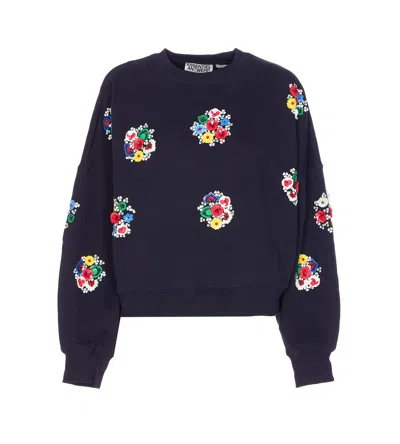 Essentiel Antwerp Navy And Multicolor Cotton Sweatshirt With Floral Sequin And Bead-embellished Embroideries In Black