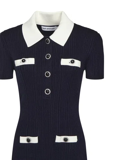 Self-portrait Mini Knitted Dress With Contrasting Collar In Blue