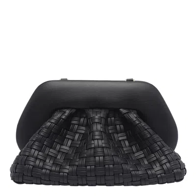 Themoirè Tia Black Clutch Bag With Woven Straw Motif And Shoulder Strap In Black