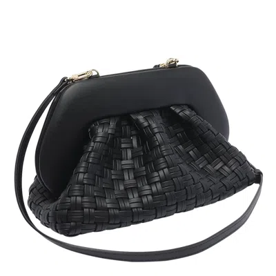Themoirè Tia Black Clutch Bag With Woven Straw Motif And Shoulder Strap In Black