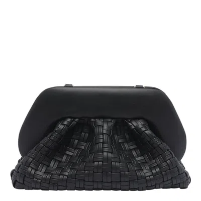 Themoirè Tia Black Clutch Bag With Woven Straw Motif And Shoulder Strap In Black