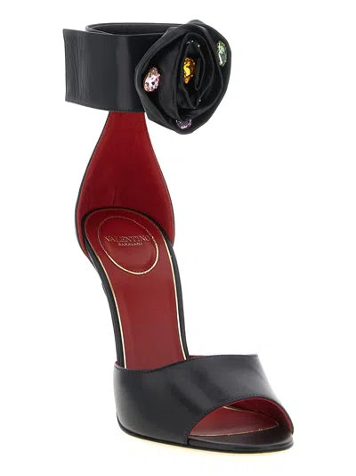 Valentino Embellished Rose Leather Sandals In Black