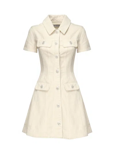 Self-portrait Structured Beige Dress With Classic Collar And Flap Pockets In Neutral