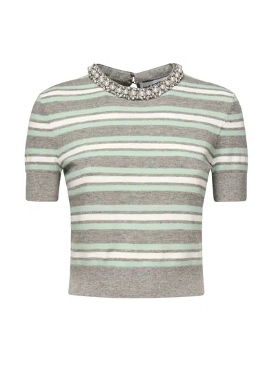 Self-portrait Fitted Grey Top With Striped Pattern And Round Neckline In Animal Print
