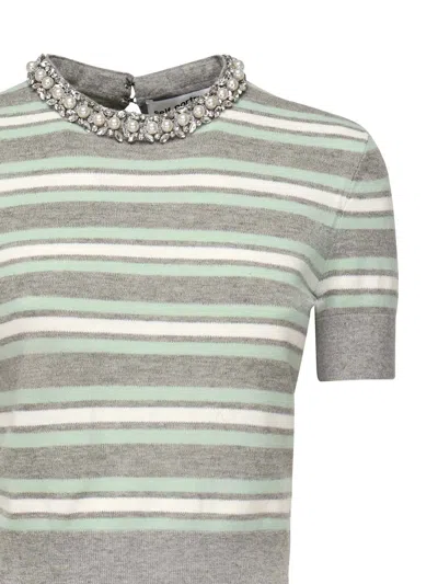 Self-portrait Fitted Grey Top With Striped Pattern And Round Neckline In Animal Print