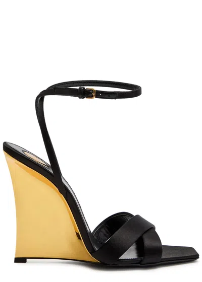 Saint Laurent Lucienne 110 Crepe Satin Wedge Sandals In Black
