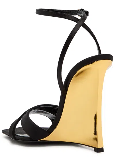Saint Laurent Lucienne 110 Crepe Satin Wedge Sandals In Black