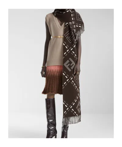 Fendi Rectangular Scarf Featuring Fringe Detail In Brown