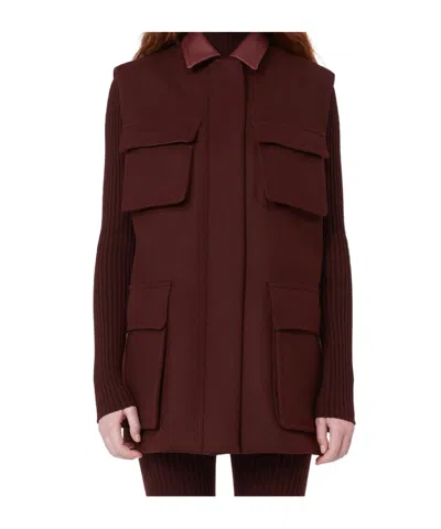 Max Mara Sleeveless Jacket With Leather Collar And Pockets In Burgundy