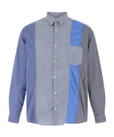 Comme Des Garçons Patchwork Patterned Cotton Poplin Shirt With Fringed Hem In Blue