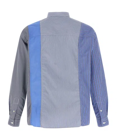 Comme Des Garçons Patchwork Patterned Cotton Poplin Shirt With Fringed Hem In Blue