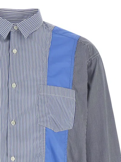 Comme Des Garçons Patchwork Patterned Cotton Poplin Shirt With Fringed Hem In Blue