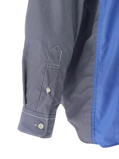 Comme Des Garçons Patchwork Patterned Cotton Poplin Shirt With Fringed Hem In Blue