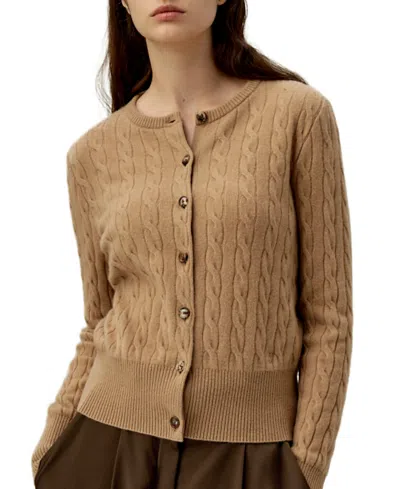 Lilysilk Cable-knit Cashmere Crewneck Cardigan In Brown
