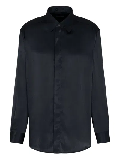 Emporio Armani Long Sleeve Satin Shirt With Spread Collar In Black