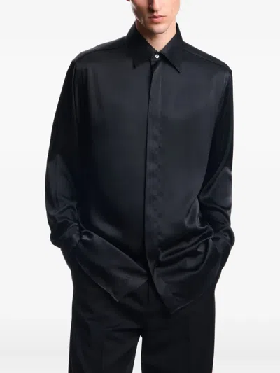 Emporio Armani Long Sleeve Satin Shirt With Spread Collar In Black
