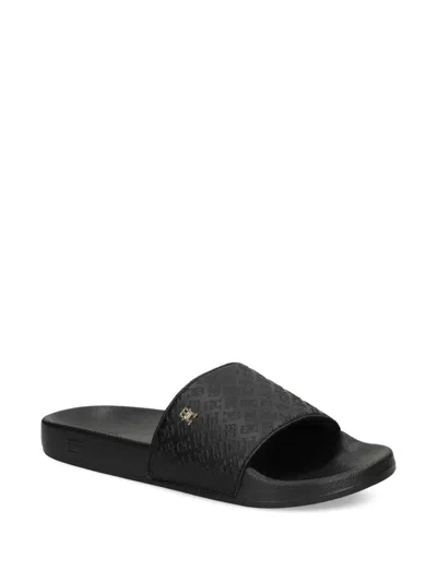 Tommy Hilfiger Monogram-embossed Slides In Black
