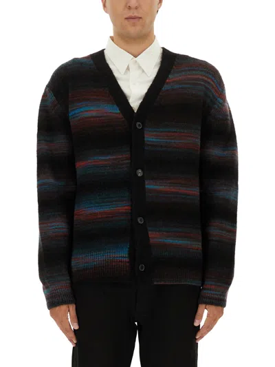 Paul Smith Multicoloured Striped Cardigan With V-neckline And Button-down Front In Black