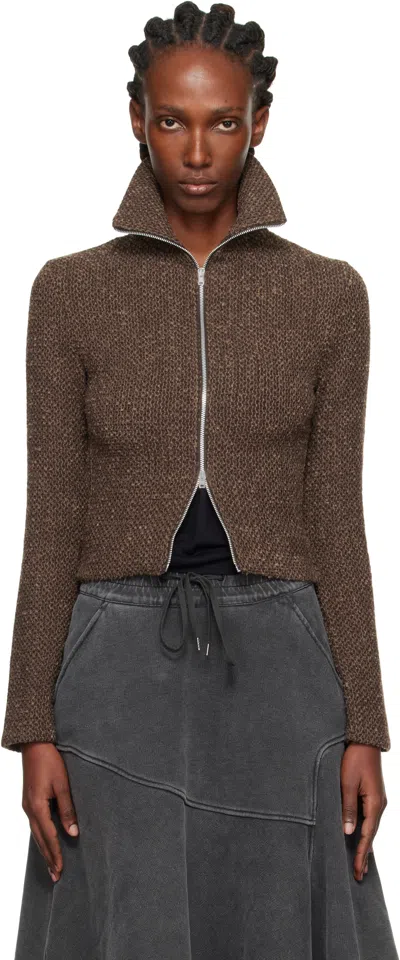 Our Legacy Textured Zip-up Sweater With High Collar And Minimalist Design In Brown