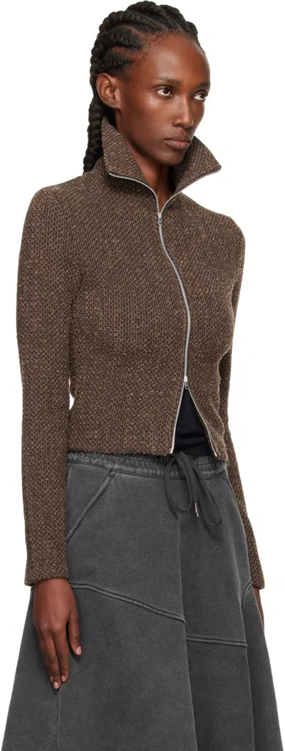Our Legacy Textured Zip-up Sweater With High Collar And Minimalist Design In Brown
