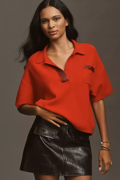 Essentiel Antwerp Sequin Collar Short-sleeve Sweater In Red