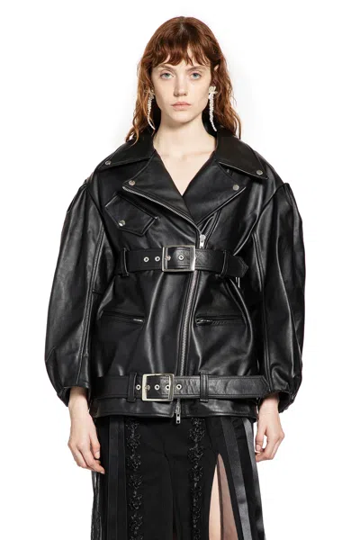 Simone Rocha Puff Sleeve Multi Belt Biker Jacket In Black