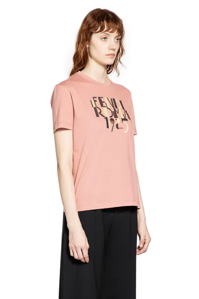 Fendi Pink Cotton T-shirt With Logo Print Women In Pink