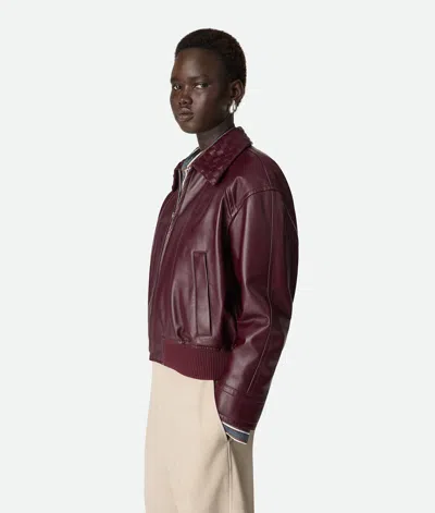 Bottega Veneta Women Bordeaux Crop Jacket With Intreccio Motif Collar And Dropped Shoulders In Leath In Brown