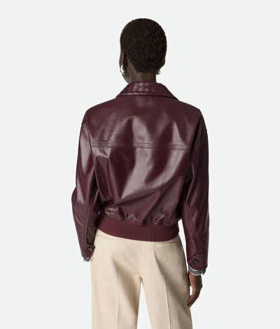 Bottega Veneta Women Bordeaux Crop Jacket With Intreccio Motif Collar And Dropped Shoulders In Leath In Brown