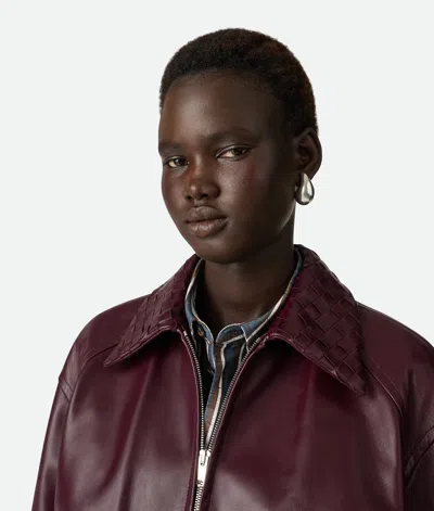 Bottega Veneta Women Bordeaux Crop Jacket With Intreccio Motif Collar And Dropped Shoulders In Leath In Brown