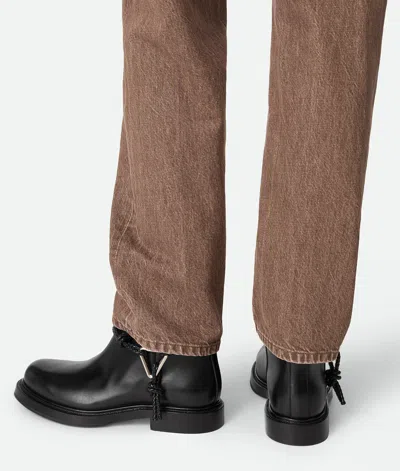 Bottega Veneta Women Black Ankle Boots With Metallic Detail On The Side And Applied Laces In Leather In Animal Print