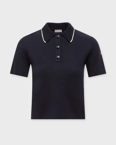 Moncler Women Knit Cotton Polo Shirt Navy In Blue