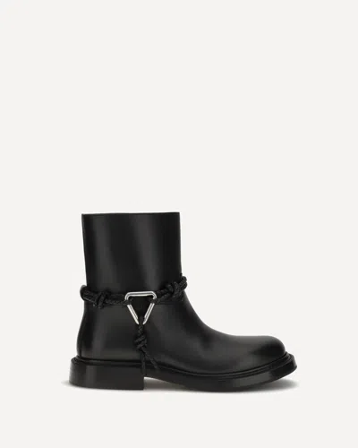 Bottega Veneta Women Black Ankle Boots With Metallic Detail On The Side And Applied Laces In Leather In Black