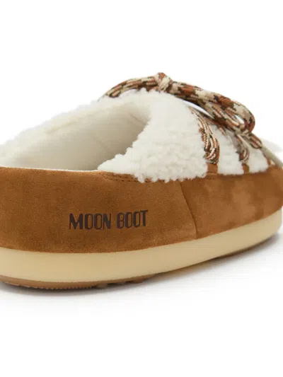 Moon Boot Shearling Mules With Suede Trims In White