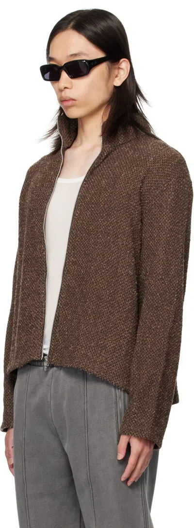Our Legacy Textured Fabric Long Sleeve High Collar Cardigan In Brown
