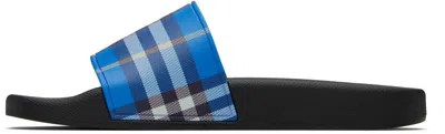 Burberry Check Pattern Flat Sole Slide Sandals In Blue
